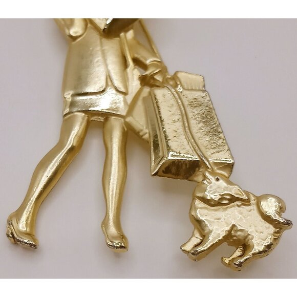 Vintage AJC Brooch Shopping Woman Walking Dog Gold Tone Lapel Pin - Picture 3 of 10